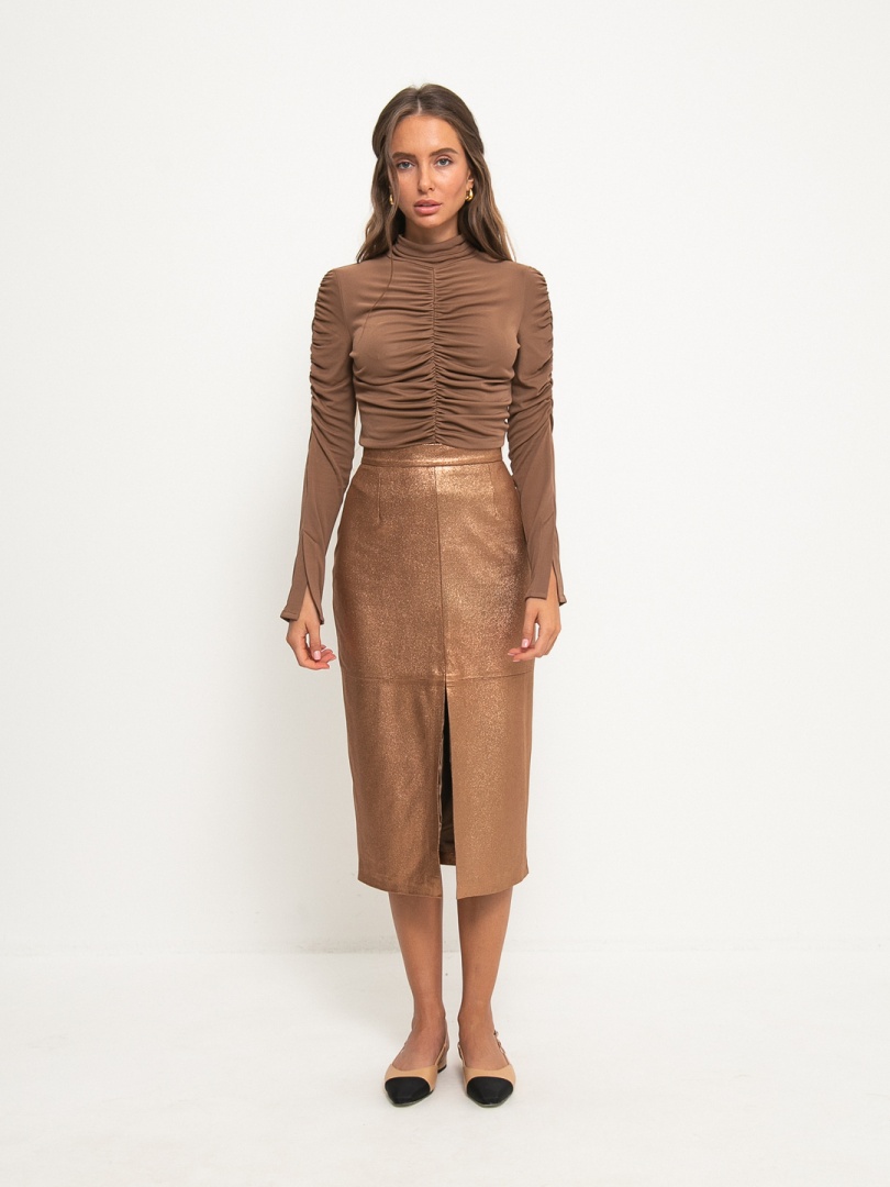 Юбка с разрезом, Коричневый, XS